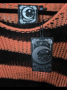 Killstar Pumpkin Knit Distressed Orange and Black Striped Open Weave Sweater